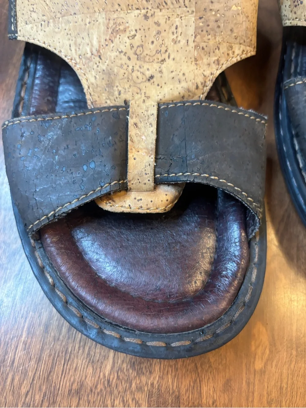 Two-Tone Cork & Dark Brown Leather Slide Sandals